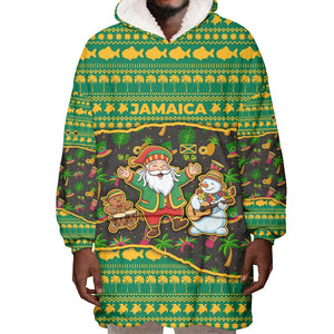Jamaica Christmas Wearable Blanket Hoodie Rasta Santa Snowman Gingerbread Drummer Palm Trees - African Pride