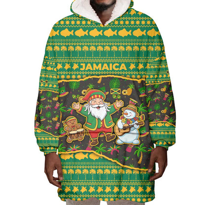 Jamaica Christmas Wearable Blanket Hoodie Rasta Santa Snowman Gingerbread Drummer Palm Trees - African Pride