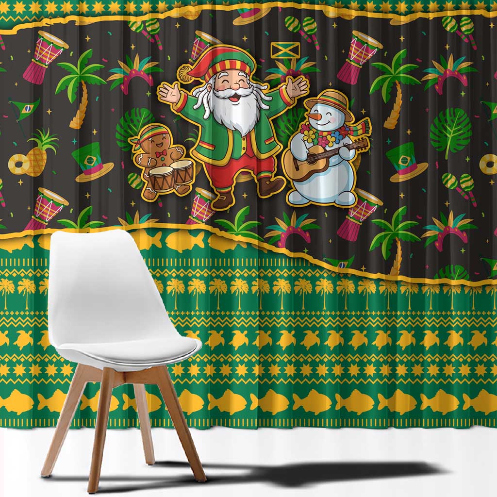 Jamaica Christmas Window Curtain Rasta Santa Snowman Gingerbread Drummer Palm Trees - African Pride