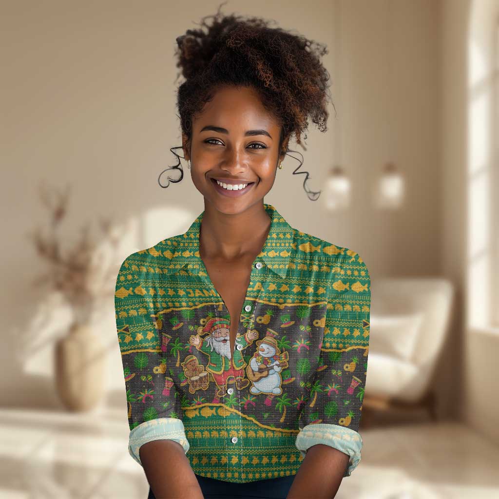 Jamaica Christmas Women Casual Shirt Rasta Santa Snowman Gingerbread Drummer Palm Trees - African Pride