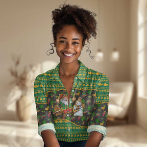 Jamaica Christmas Women Casual Shirt Rasta Santa Snowman Gingerbread Drummer Palm Trees - African Pride