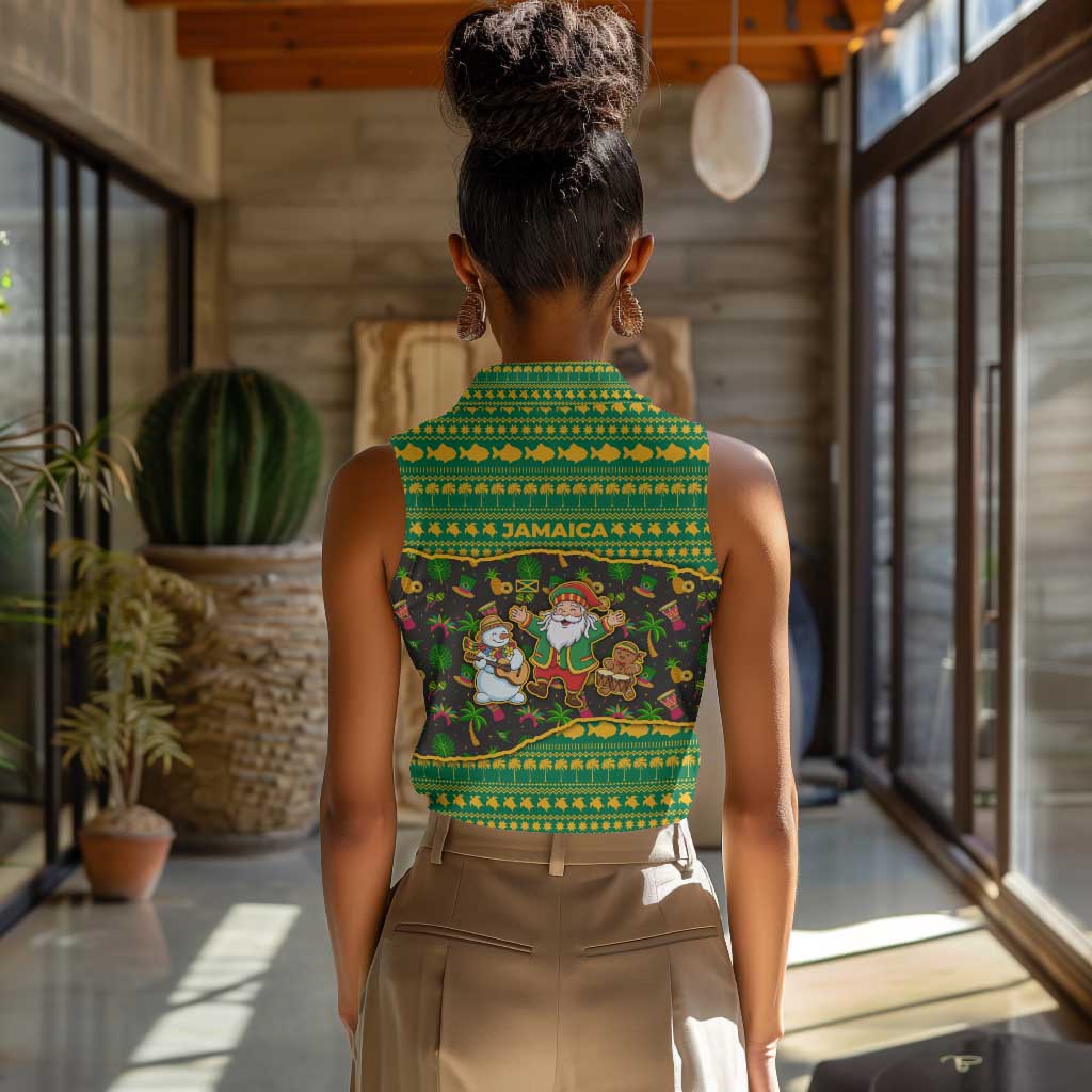 Jamaica Christmas Women Sleeveless Polo Shirt Rasta Santa Snowman Gingerbread Drummer Palm Trees - African Pride