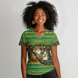 Jamaica Christmas Women V-Neck T-Shirt Rasta Santa Snowman Gingerbread Drummer Palm Trees - African Pride