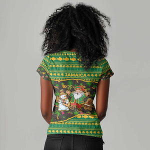 Jamaica Christmas Women V-Neck T-Shirt Rasta Santa Snowman Gingerbread Drummer Palm Trees - African Pride