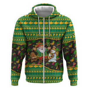 Jamaica Christmas Zip Hoodie Rasta Santa Snowman Gingerbread Drummer Palm Trees - African Pride
