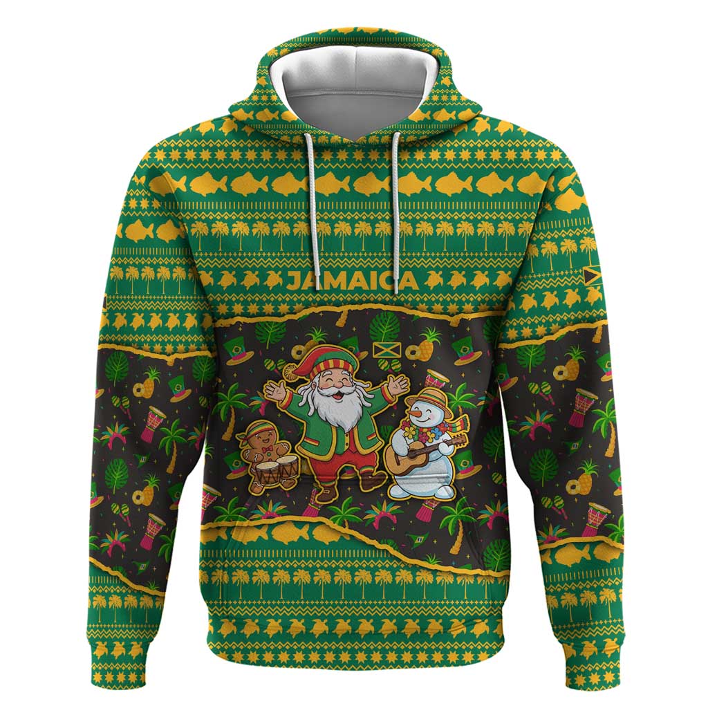 Jamaica Christmas Zip Hoodie Rasta Santa Snowman Gingerbread Drummer Palm Trees - African Pride