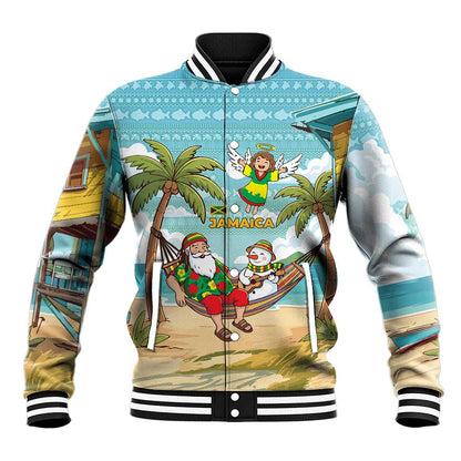 Jamaica Christmas Baseball Jacket Rasta Santa Snowman Hammock Angel Palm Trees and Tropical Beach - African Pride