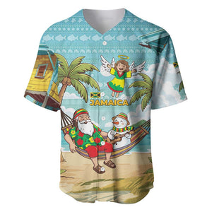 Jamaica Christmas Baseball Jersey Rasta Santa Snowman Hammock Angel Palm Trees and Tropical Beach - African Pride
