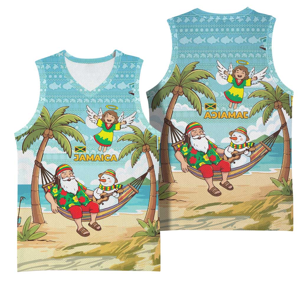 Jamaica Christmas Basketball Jersey Rasta Santa Snowman Hammock Angel Palm Trees and Tropical Beach - African Pride