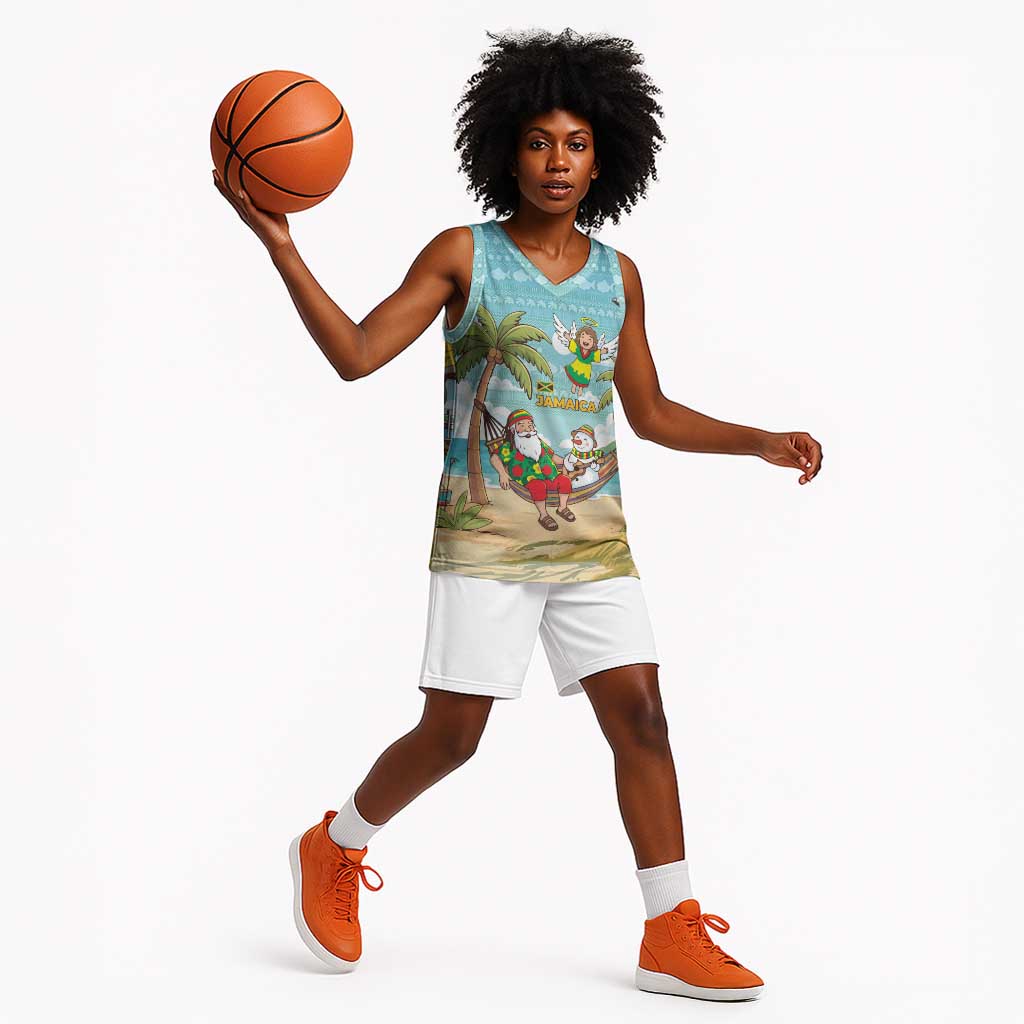 Jamaica Christmas Basketball Jersey Rasta Santa Snowman Hammock Angel Palm Trees and Tropical Beach - African Pride