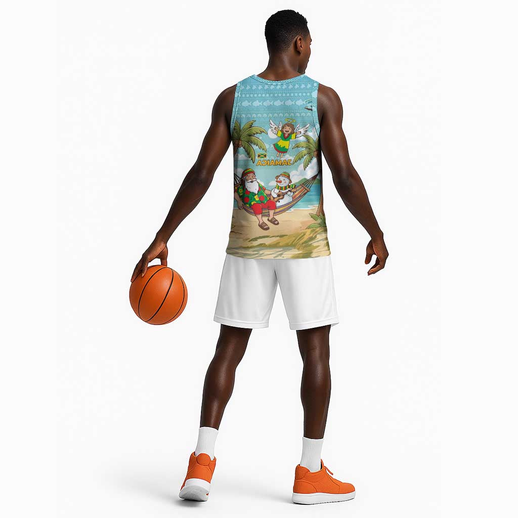 Jamaica Christmas Basketball Jersey Rasta Santa Snowman Hammock Angel Palm Trees and Tropical Beach - African Pride