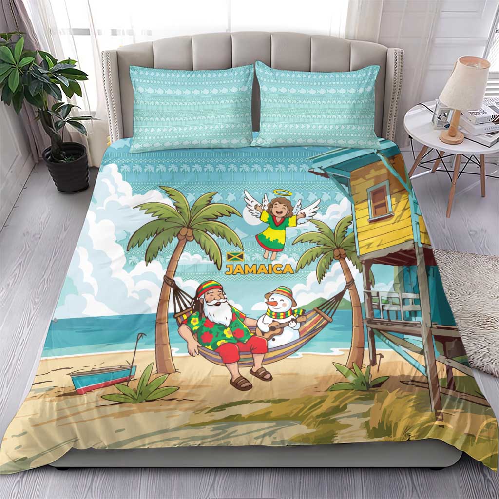 Jamaica Christmas Bedding Set Rasta Santa Snowman Hammock Angel Palm Trees and Tropical Beach - African Pride