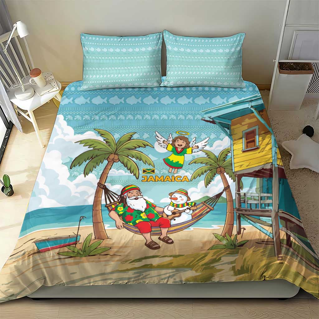Jamaica Christmas Bedding Set Rasta Santa Snowman Hammock Angel Palm Trees and Tropical Beach - African Pride