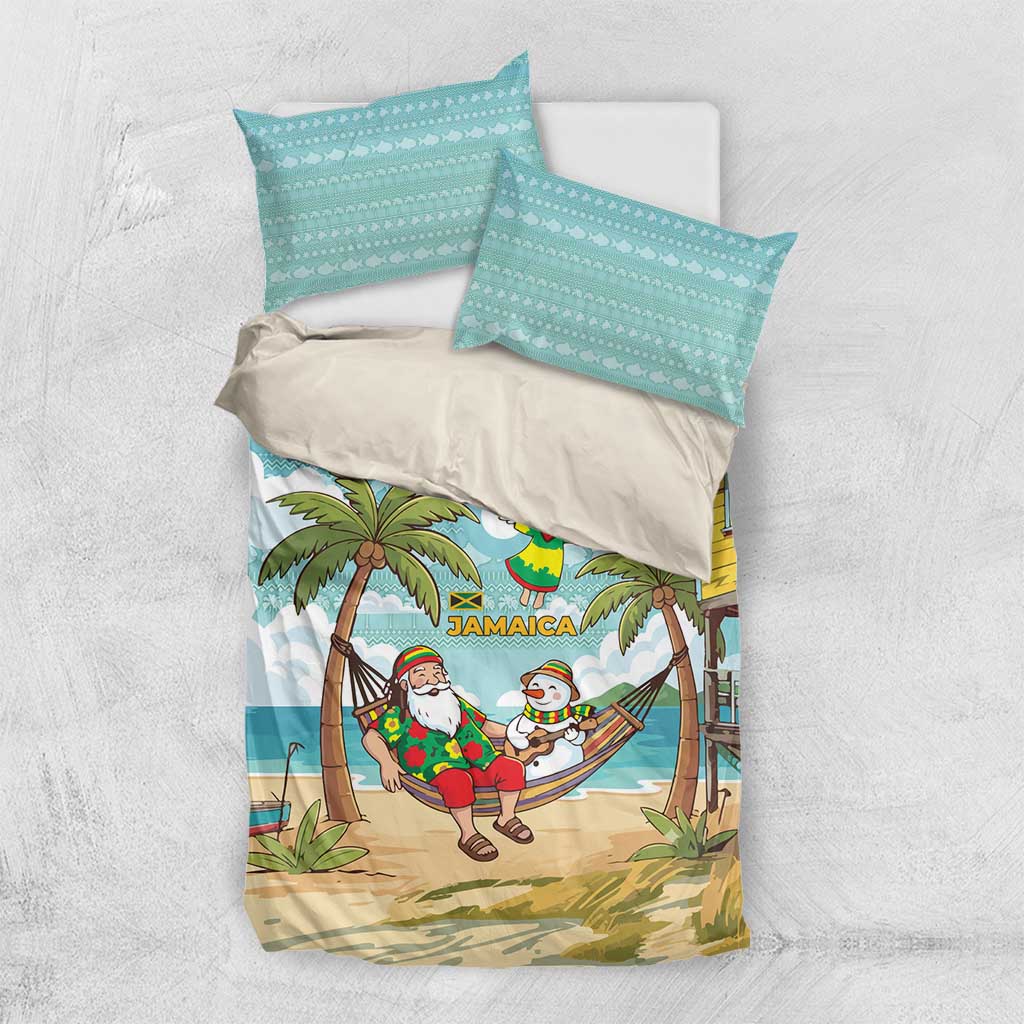 Jamaica Christmas Bedding Set Rasta Santa Snowman Hammock Angel Palm Trees and Tropical Beach - African Pride