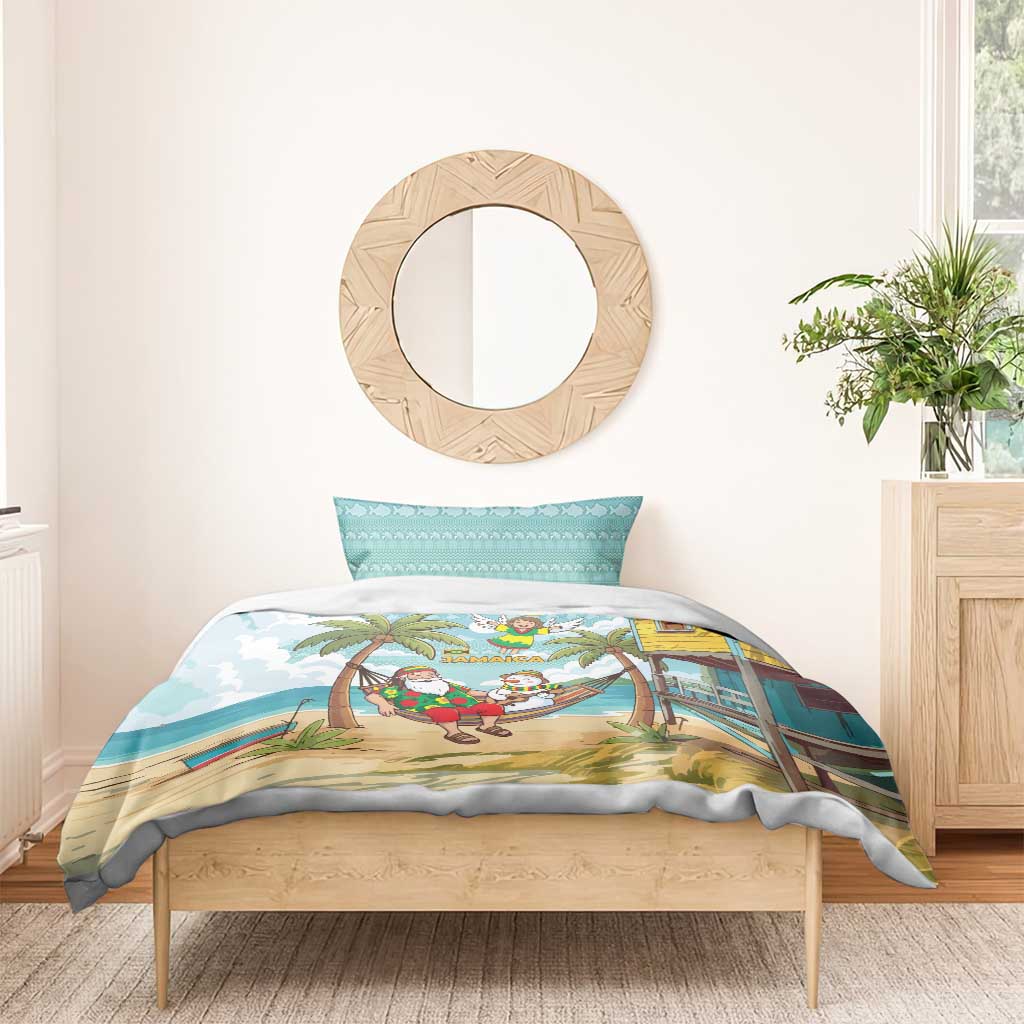 Jamaica Christmas Bedding Set Rasta Santa Snowman Hammock Angel Palm Trees and Tropical Beach - African Pride