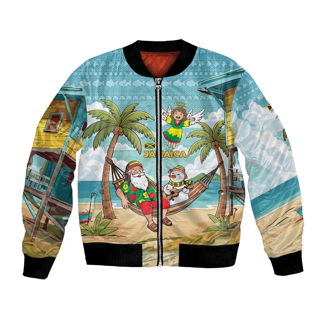 Jamaica Christmas Bomber Jacket Rasta Santa Snowman Hammock Angel Palm Trees and Tropical Beach - African Pride
