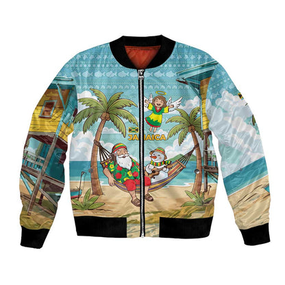 Jamaica Christmas Bomber Jacket Rasta Santa Snowman Hammock Angel Palm Trees and Tropical Beach - African Pride