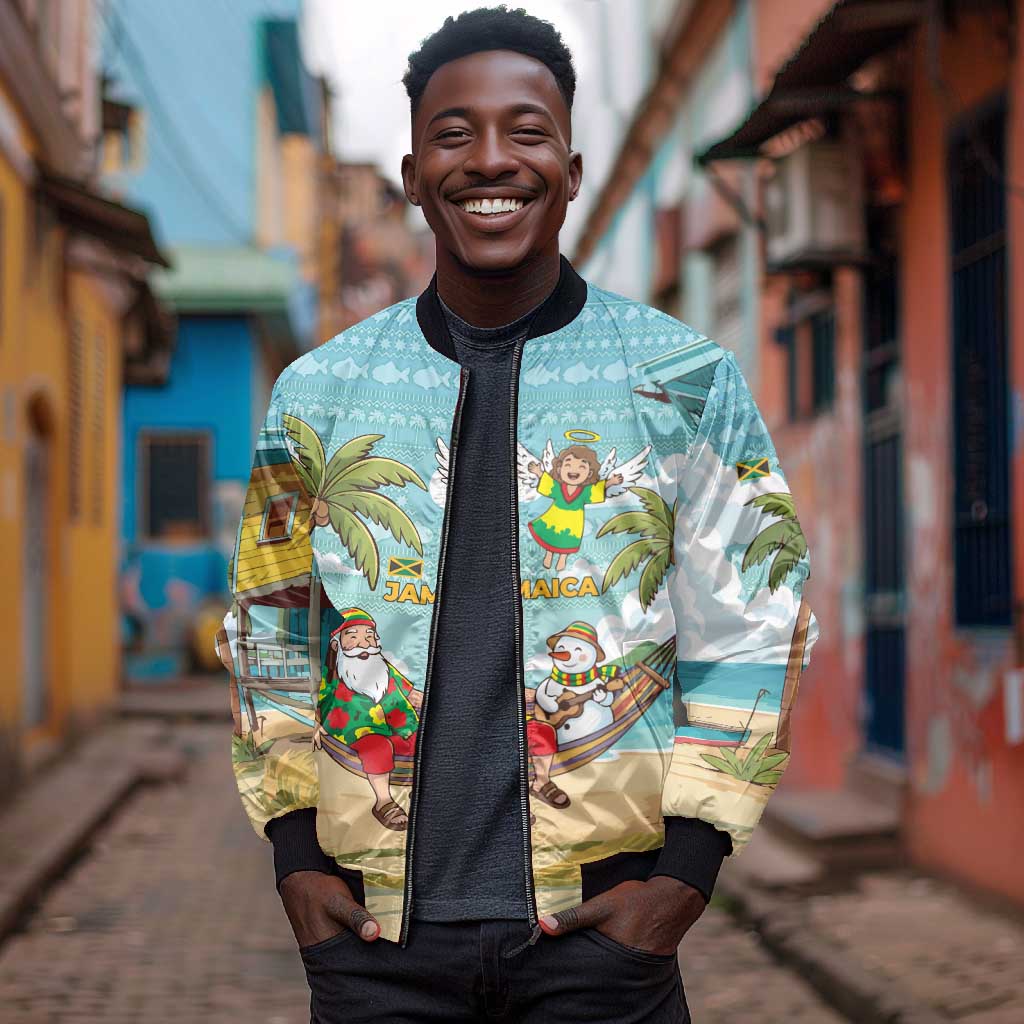 Jamaica Christmas Bomber Jacket Rasta Santa Snowman Hammock Angel Palm Trees and Tropical Beach - African Pride