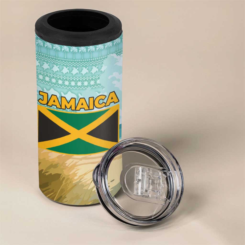 Jamaica Christmas 4 in 1 Can Cooler Tumbler Rasta Santa Snowman Hammock Angel Palm Trees and Tropical Beach - African Pride
