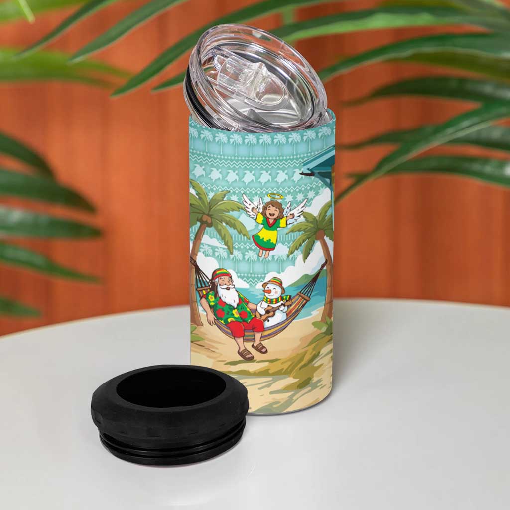 Jamaica Christmas 4 in 1 Can Cooler Tumbler Rasta Santa Snowman Hammock Angel Palm Trees and Tropical Beach - African Pride