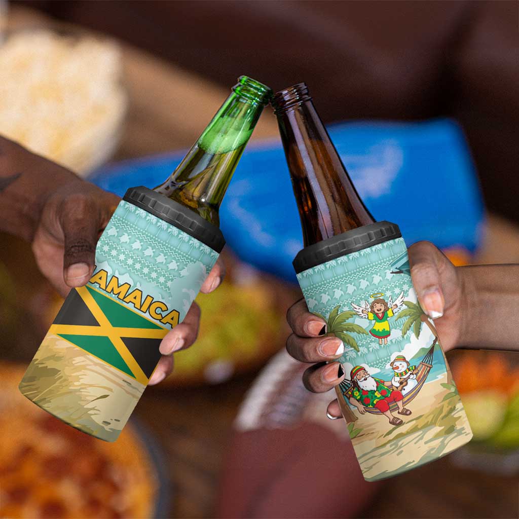 Jamaica Christmas 4 in 1 Can Cooler Tumbler Rasta Santa Snowman Hammock Angel Palm Trees and Tropical Beach - African Pride