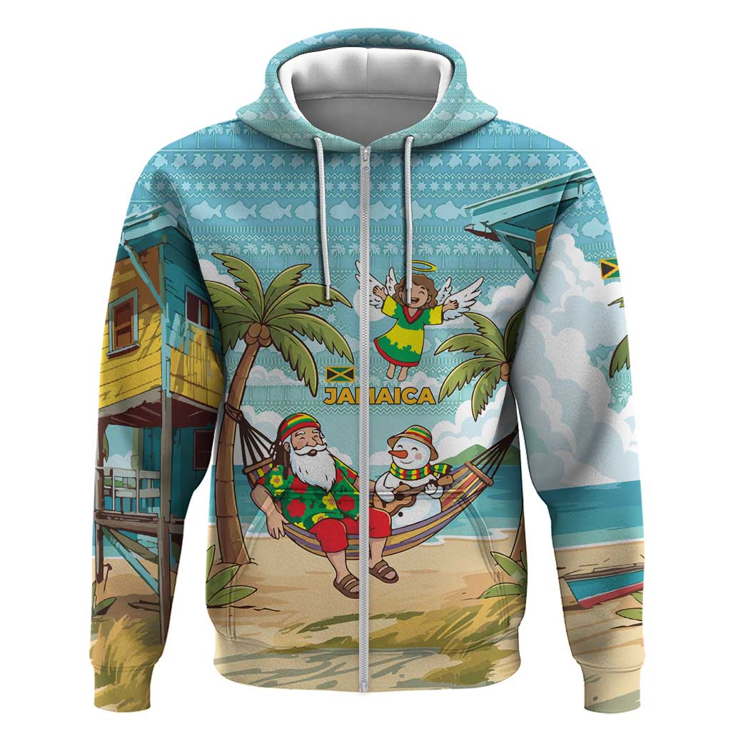 Jamaica Christmas Hoodie Rasta Santa Snowman Hammock Angel Palm Trees and Tropical Beach - African Pride