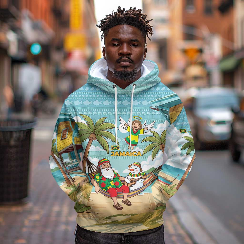 Jamaica Christmas Hoodie Rasta Santa Snowman Hammock Angel Palm Trees and Tropical Beach - African Pride