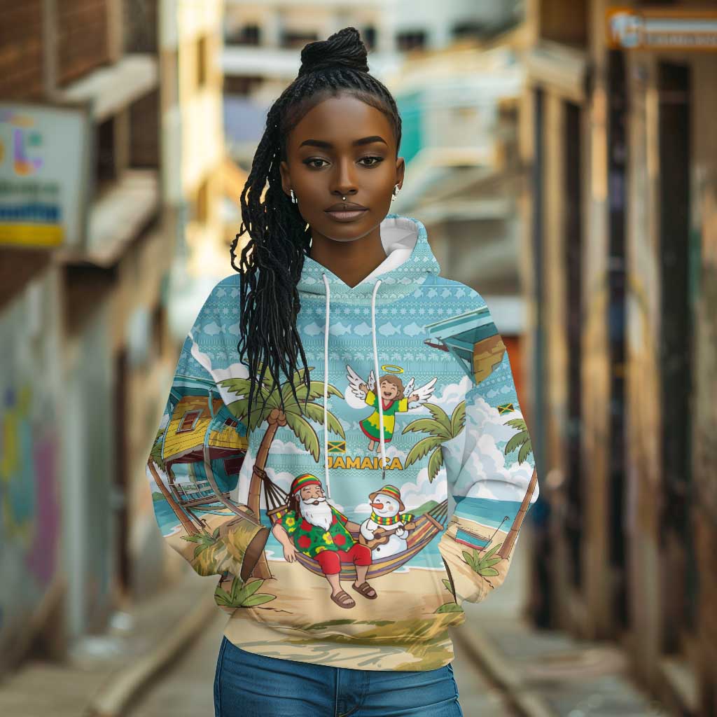 Jamaica Christmas Hoodie Rasta Santa Snowman Hammock Angel Palm Trees and Tropical Beach - African Pride