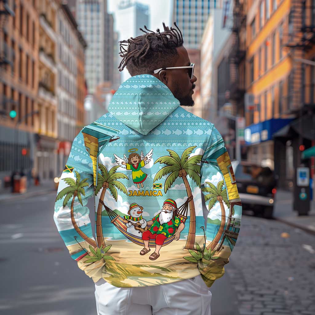 Jamaica Christmas Hoodie Rasta Santa Snowman Hammock Angel Palm Trees and Tropical Beach - African Pride