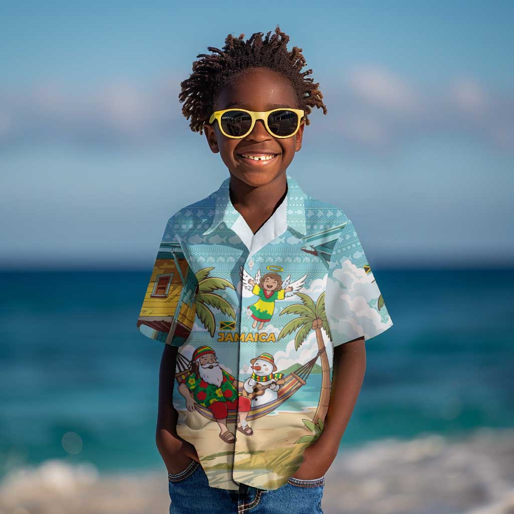 Jamaica Christmas Kid Hawaiian Shirt Rasta Santa Snowman Hammock Angel Palm Trees and Tropical Beach - African Pride