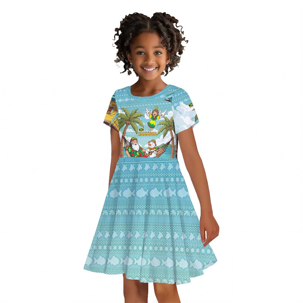 Jamaica Christmas Kid Short Sleeve Dress Rasta Santa Snowman Hammock Angel Palm Trees and Tropical Beach - African Pride