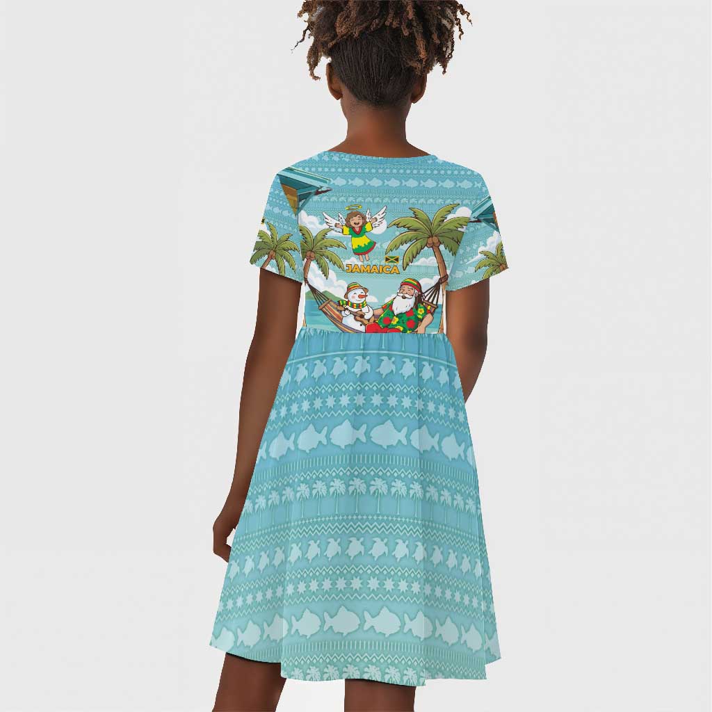 Jamaica Christmas Kid Short Sleeve Dress Rasta Santa Snowman Hammock Angel Palm Trees and Tropical Beach - African Pride