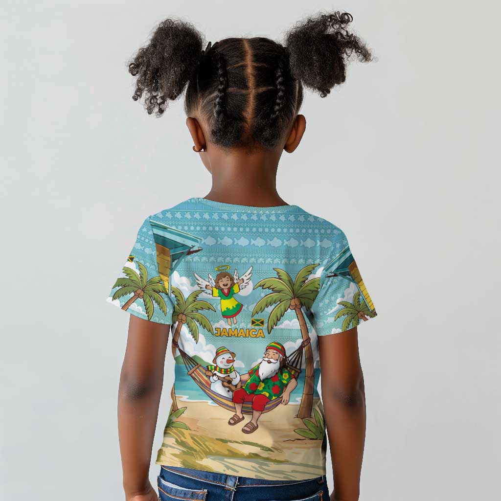 Jamaica Christmas Kid T shirt Rasta Santa Snowman Hammock Angel Palm Trees and Tropical Beach - African Pride