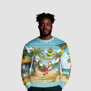 Jamaica Christmas Ugly Christmas Sweater Rasta Santa Snowman Hammock Angel Palm Trees and Tropical Beach - African Pride
