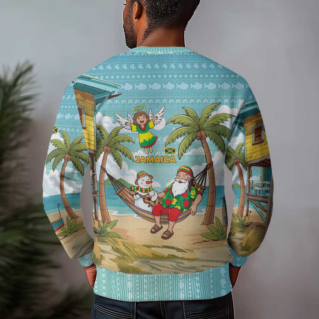 Jamaica Christmas Ugly Christmas Sweater Rasta Santa Snowman Hammock Angel Palm Trees and Tropical Beach - African Pride