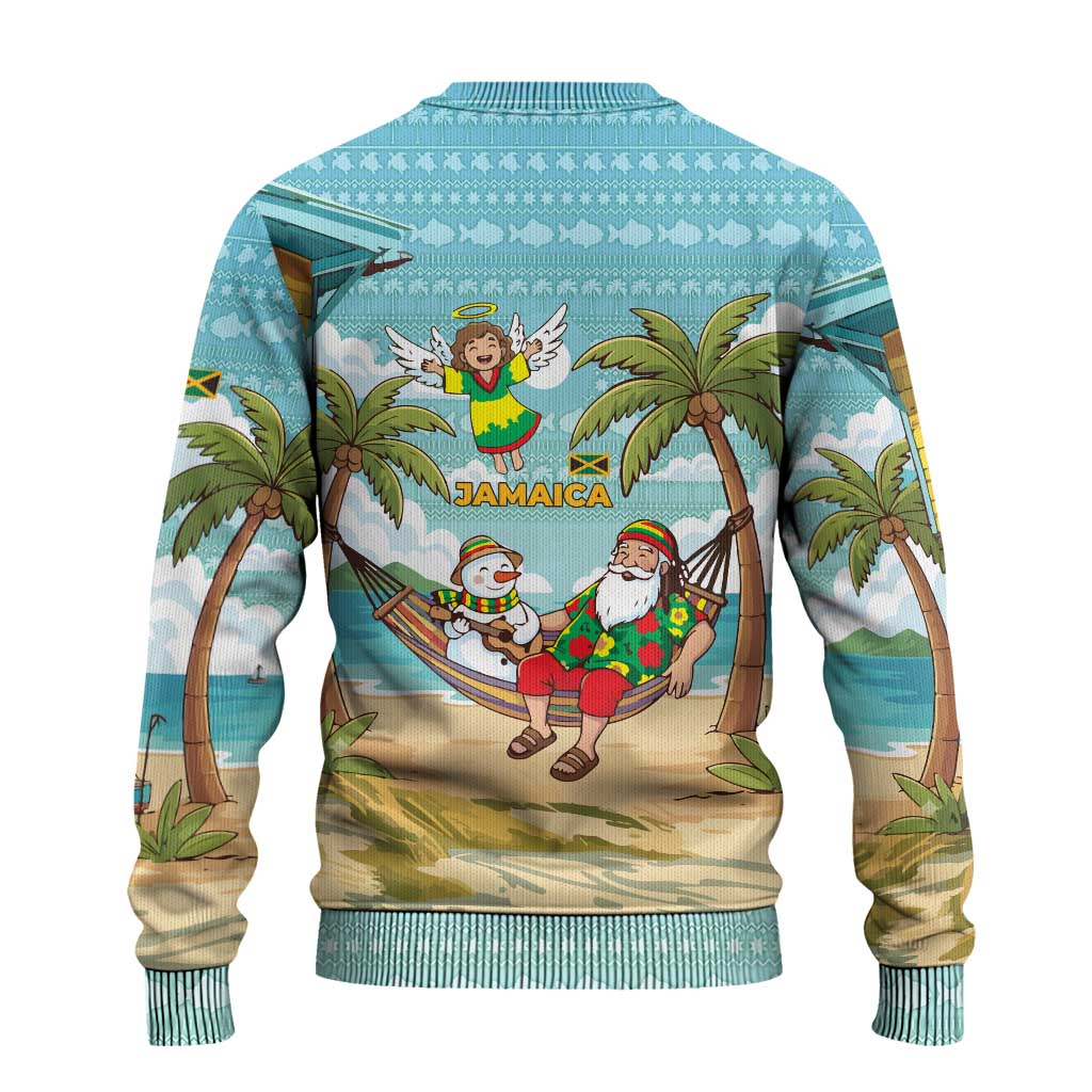 Jamaica Christmas Ugly Christmas Sweater Rasta Santa Snowman Hammock Angel Palm Trees and Tropical Beach - African Pride