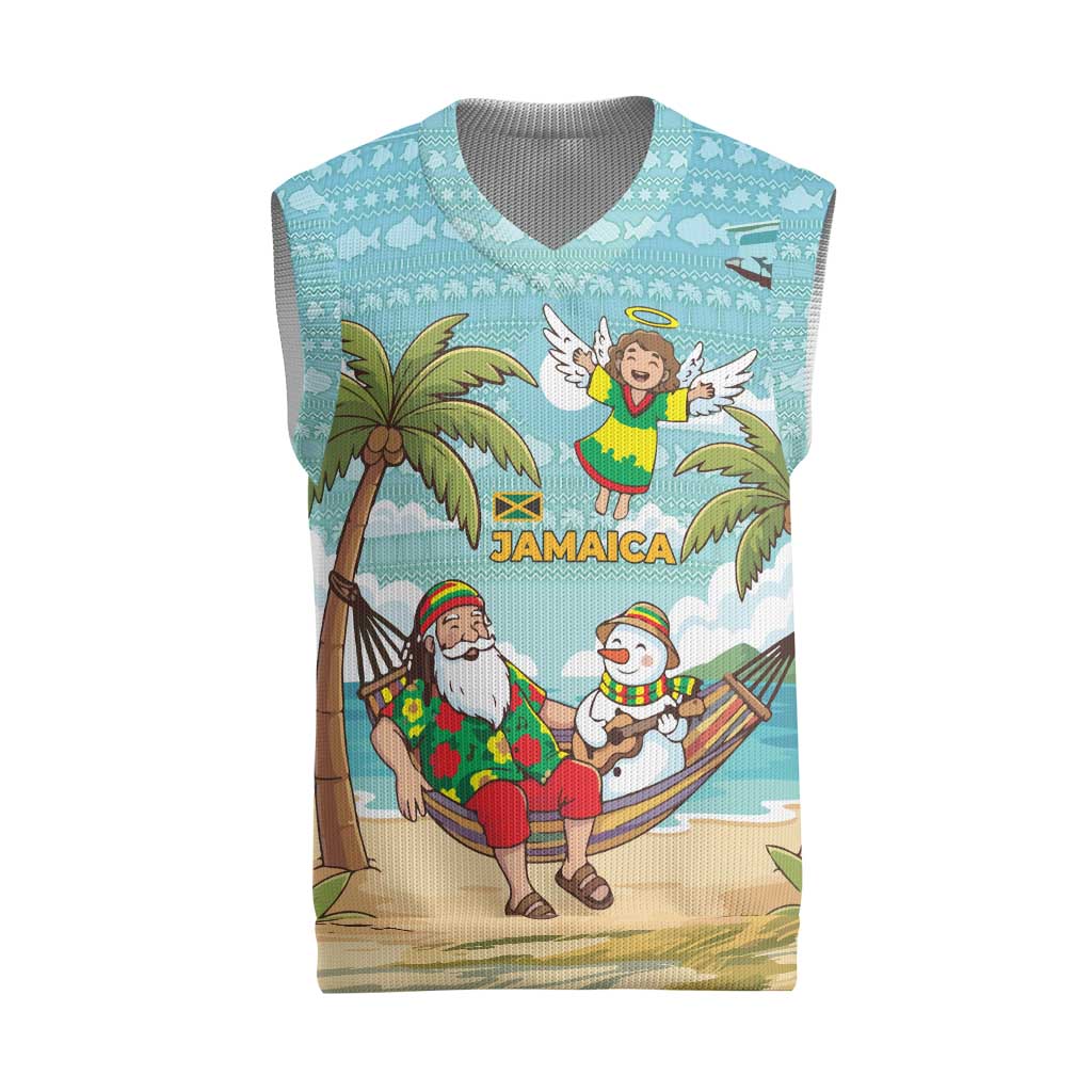 Jamaica Christmas Knitted V-Neck Vest Rasta Santa Snowman Hammock Angel Palm Trees and Tropical Beach - African Pride