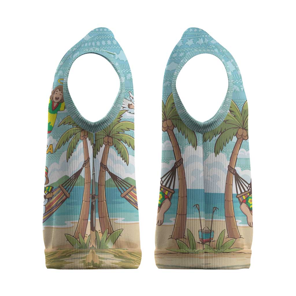 Jamaica Christmas Knitted V-Neck Vest Rasta Santa Snowman Hammock Angel Palm Trees and Tropical Beach - African Pride