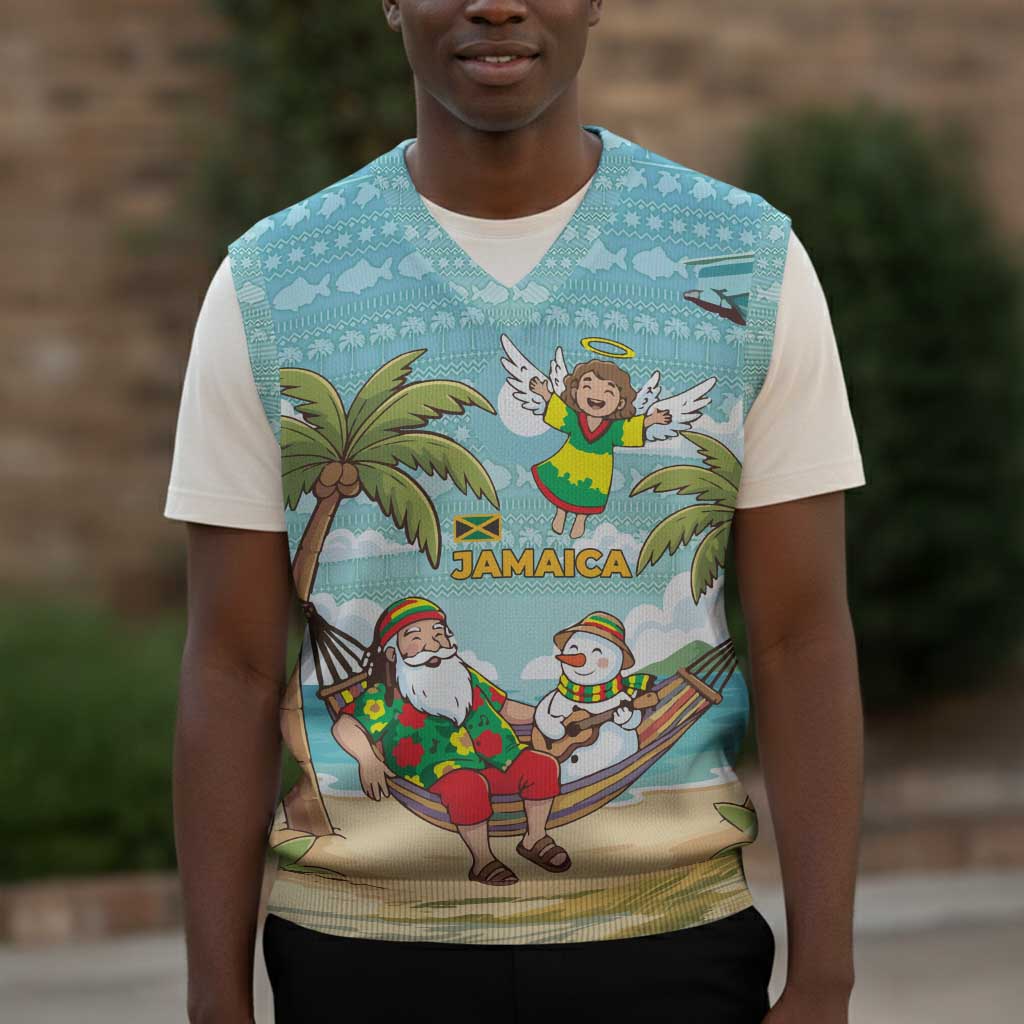 Jamaica Christmas Knitted V-Neck Vest Rasta Santa Snowman Hammock Angel Palm Trees and Tropical Beach - African Pride
