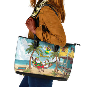 Jamaica Christmas Leather Tote Bag Rasta Santa Snowman Hammock Angel Palm Trees and Tropical Beach - African Pride