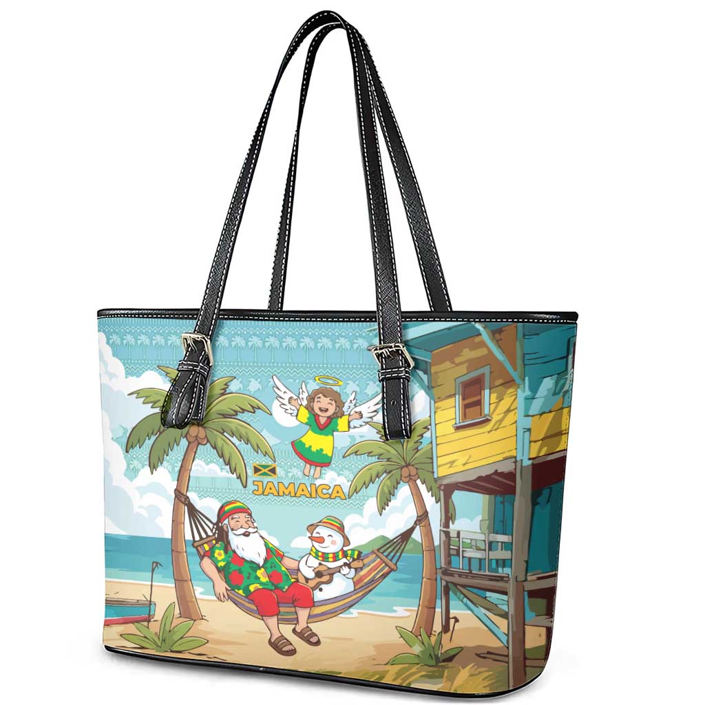 Jamaica Christmas Leather Tote Bag Rasta Santa Snowman Hammock Angel Palm Trees and Tropical Beach - African Pride