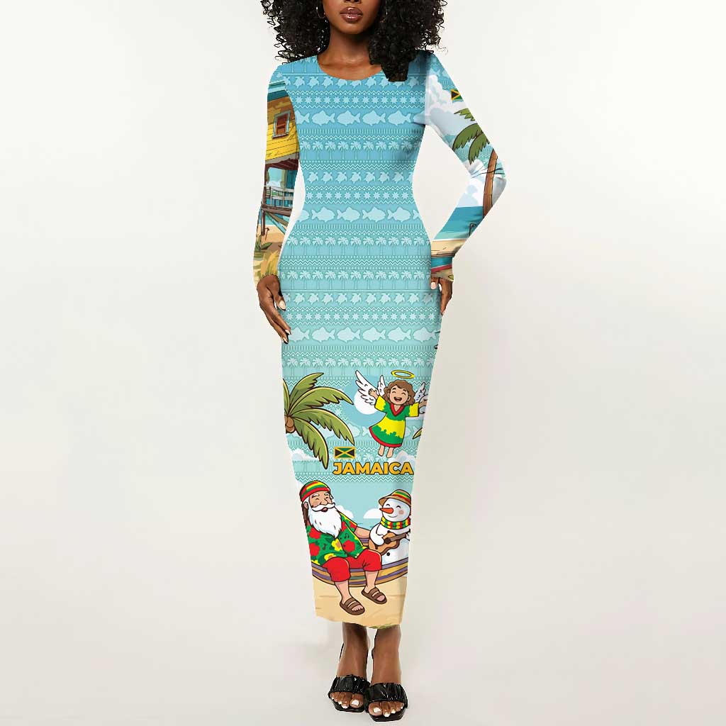 Jamaica Christmas Long Sleeve Bodycon Dress Rasta Santa Snowman Hammock Angel Palm Trees and Tropical Beach by African Pride
