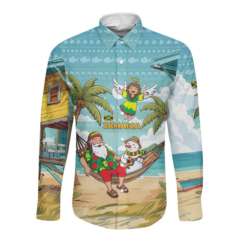 Jamaica Christmas Long Sleeve Button Shirt Rasta Santa Snowman Hammock Angel Palm Trees and Tropical Beach - African Pride