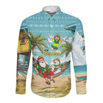 Jamaica Christmas Long Sleeve Button Shirt Rasta Santa Snowman Hammock Angel Palm Trees and Tropical Beach - African Pride