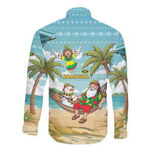 Jamaica Christmas Long Sleeve Button Shirt Rasta Santa Snowman Hammock Angel Palm Trees and Tropical Beach - African Pride