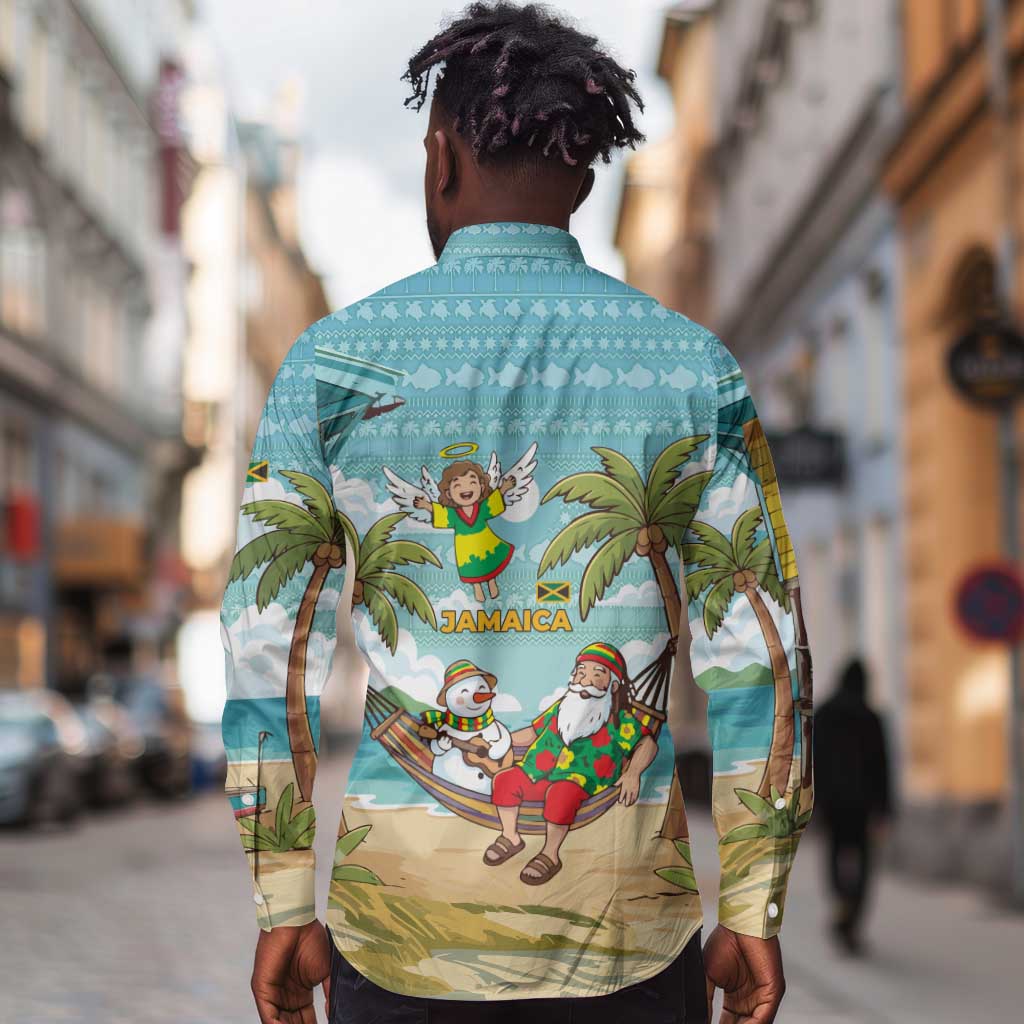 Jamaica Christmas Long Sleeve Button Shirt Rasta Santa Snowman Hammock Angel Palm Trees and Tropical Beach - African Pride