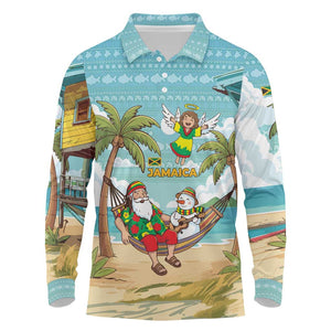 Jamaica Christmas Long Sleeve Polo Shirt Rasta Santa Snowman Hammock Angel Palm Trees and Tropical Beach - African Pride