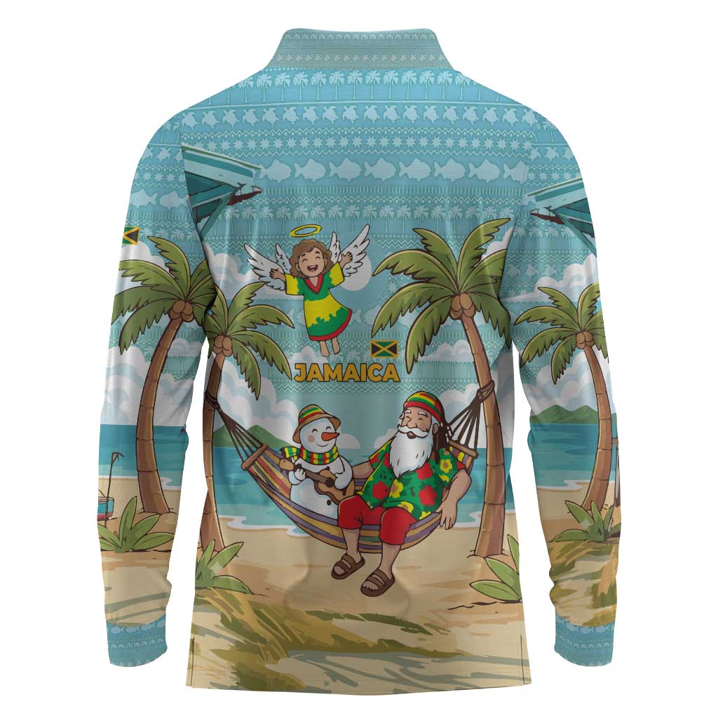 Jamaica Christmas Long Sleeve Polo Shirt Rasta Santa Snowman Hammock Angel Palm Trees and Tropical Beach - African Pride