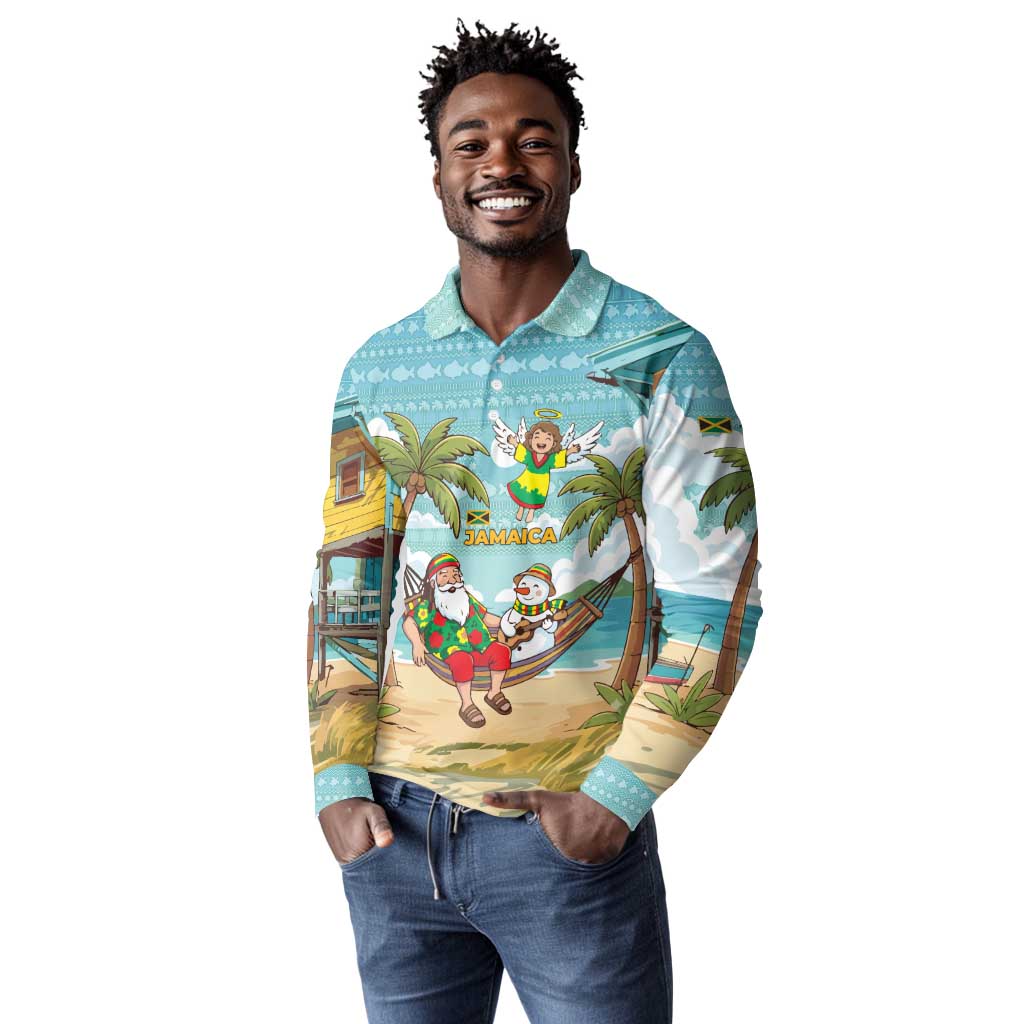 Jamaica Christmas Long Sleeve Polo Shirt Rasta Santa Snowman Hammock Angel Palm Trees and Tropical Beach - African Pride