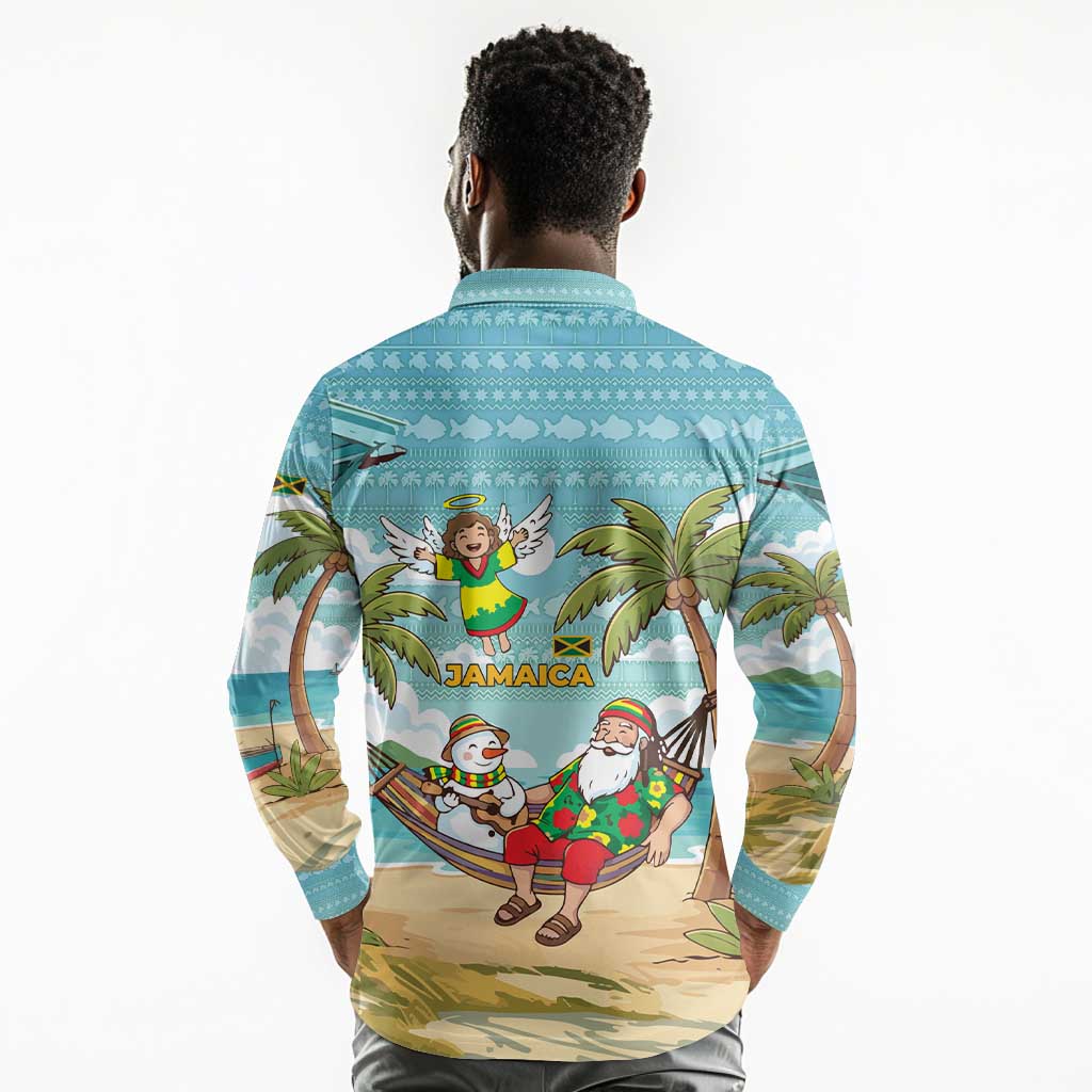 Jamaica Christmas Long Sleeve Polo Shirt Rasta Santa Snowman Hammock Angel Palm Trees and Tropical Beach - African Pride